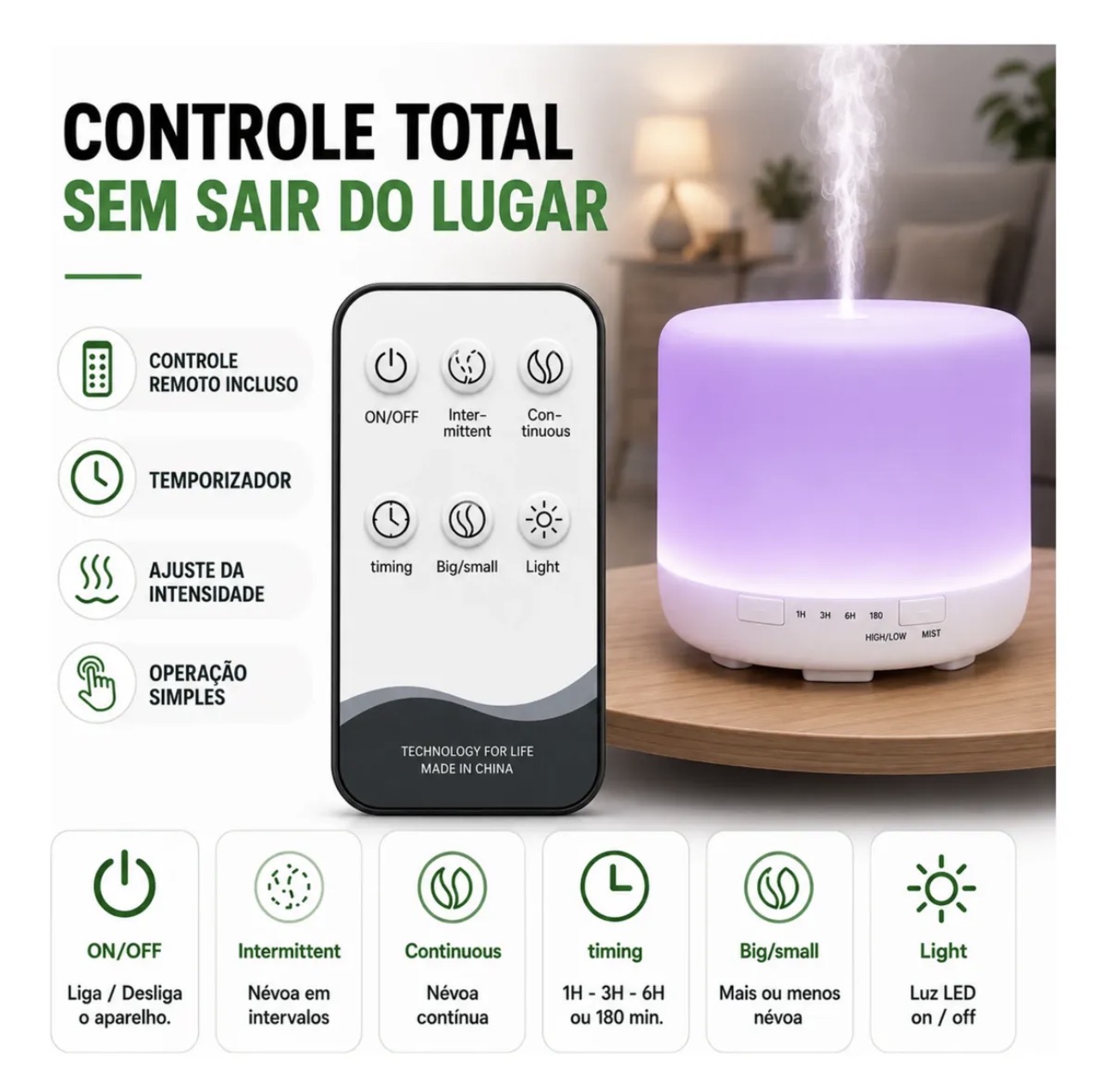 Combo Óleos Essenciais + Difusor - OE Lavanda, Hortelã Pimenta, Alecrim, Capim Limão, Tea Tree e Eucalípto