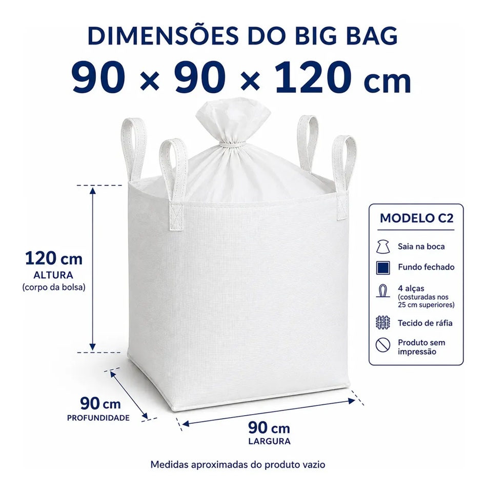 Big Bag C2 90x90x120cm com Saia Superior, Fundo Fechado e 4 Alças