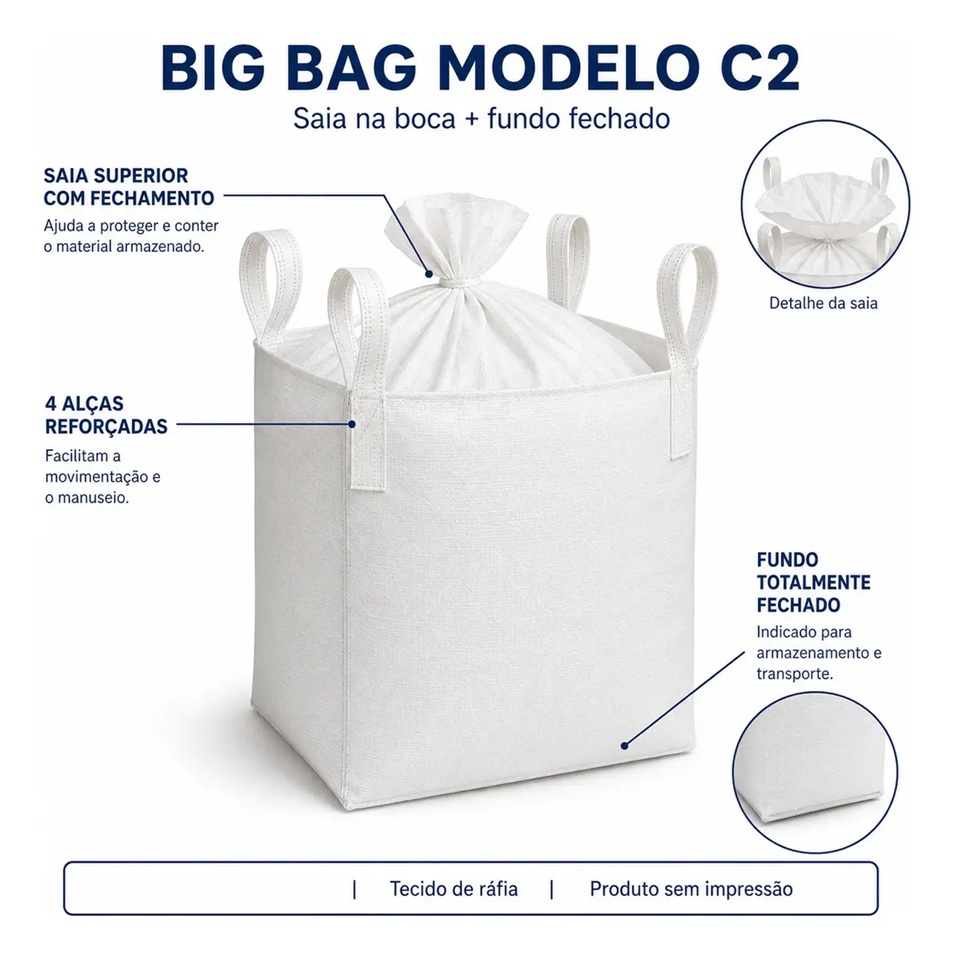Big Bag C2 90x90x120cm com Saia Superior, Fundo Fechado e 4 Alças