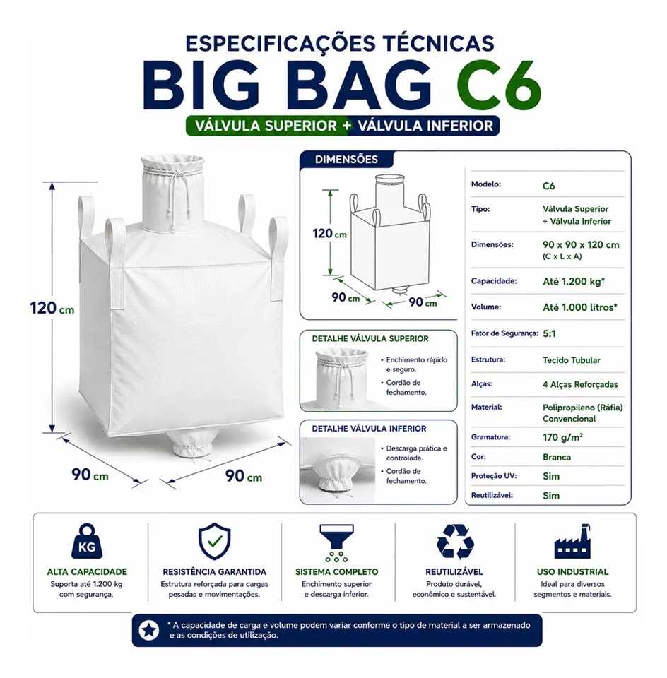 Big Bag C6 90x90x120cm com Válvula Superior e Inferior 1.200kg