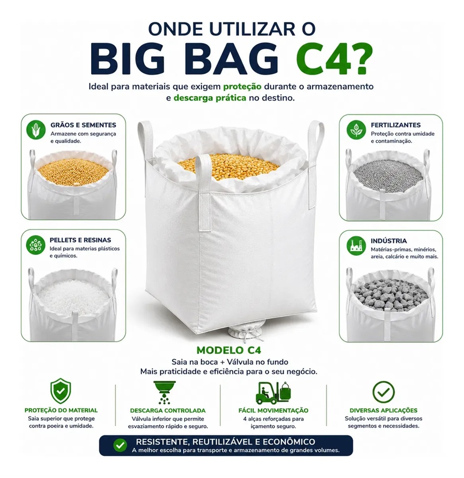 Big Bag C4 90x90x120cm com Saia Superior, Válvula no Fundo e 4 Alças