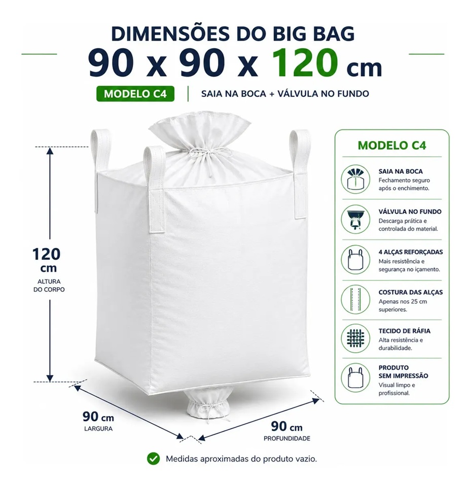 Big Bag C4 90x90x120cm com Saia Superior, Válvula no Fundo e 4 Alças