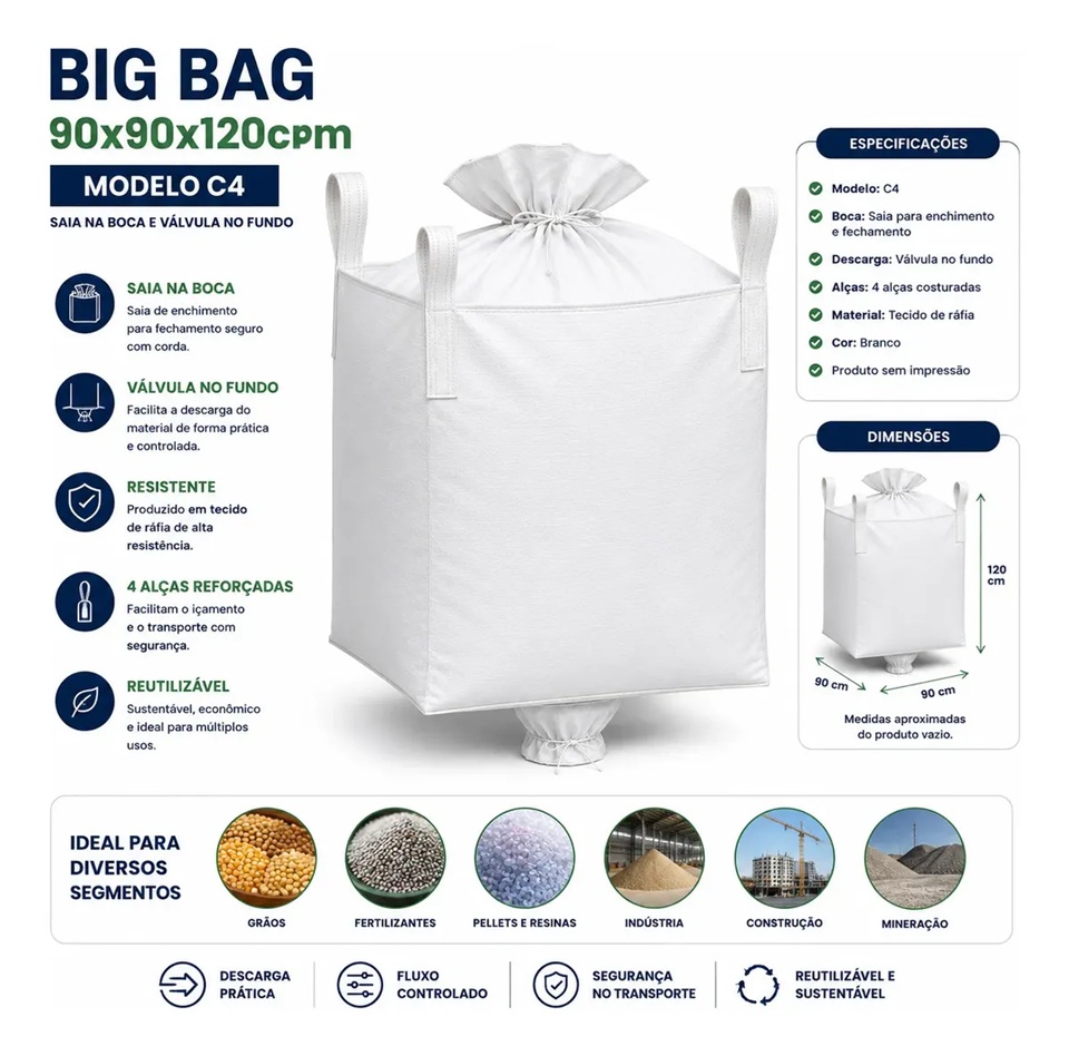 Big Bag C4 90x90x120cm com Saia Superior, Válvula no Fundo e 4 Alças