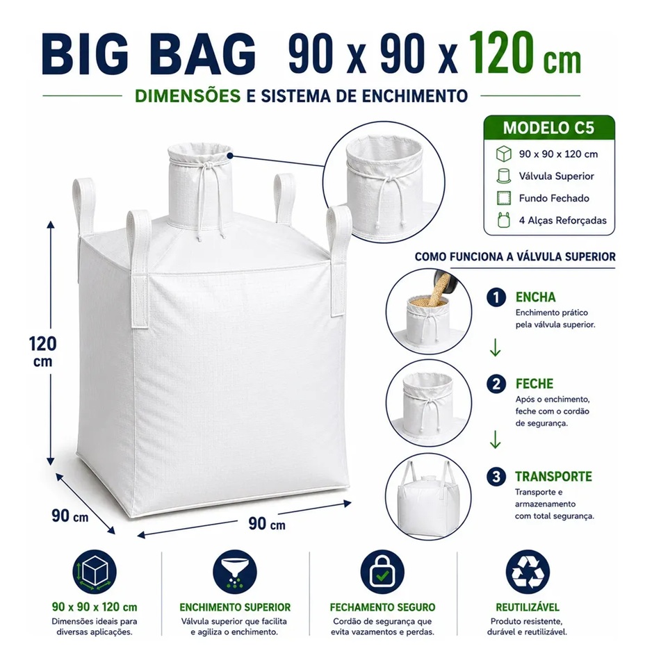 Big Bag C5 90x90x120cm com Válvula Superior e Fundo Fechado