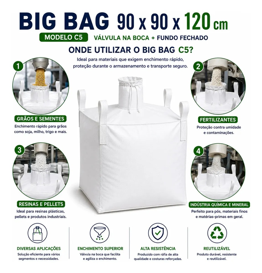 Big Bag C5 90x90x120cm com Válvula Superior e Fundo Fechado