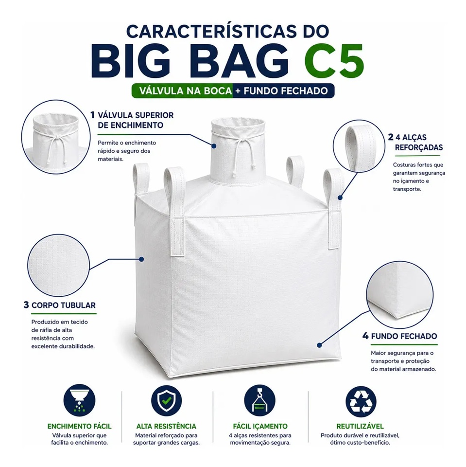 Big Bag C5 90x90x120cm com Válvula Superior e Fundo Fechado