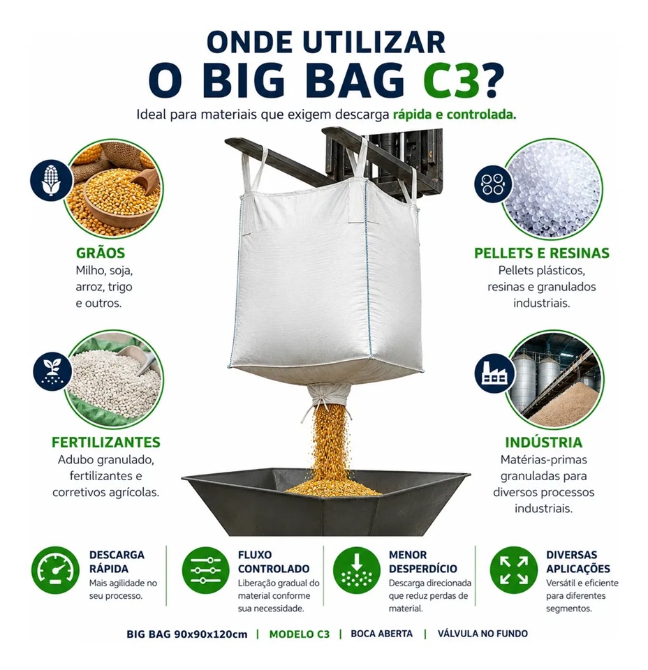 Big Bag C3 90x90x120cm Boca Aberta, Válvula no Fundo e 4 Alças