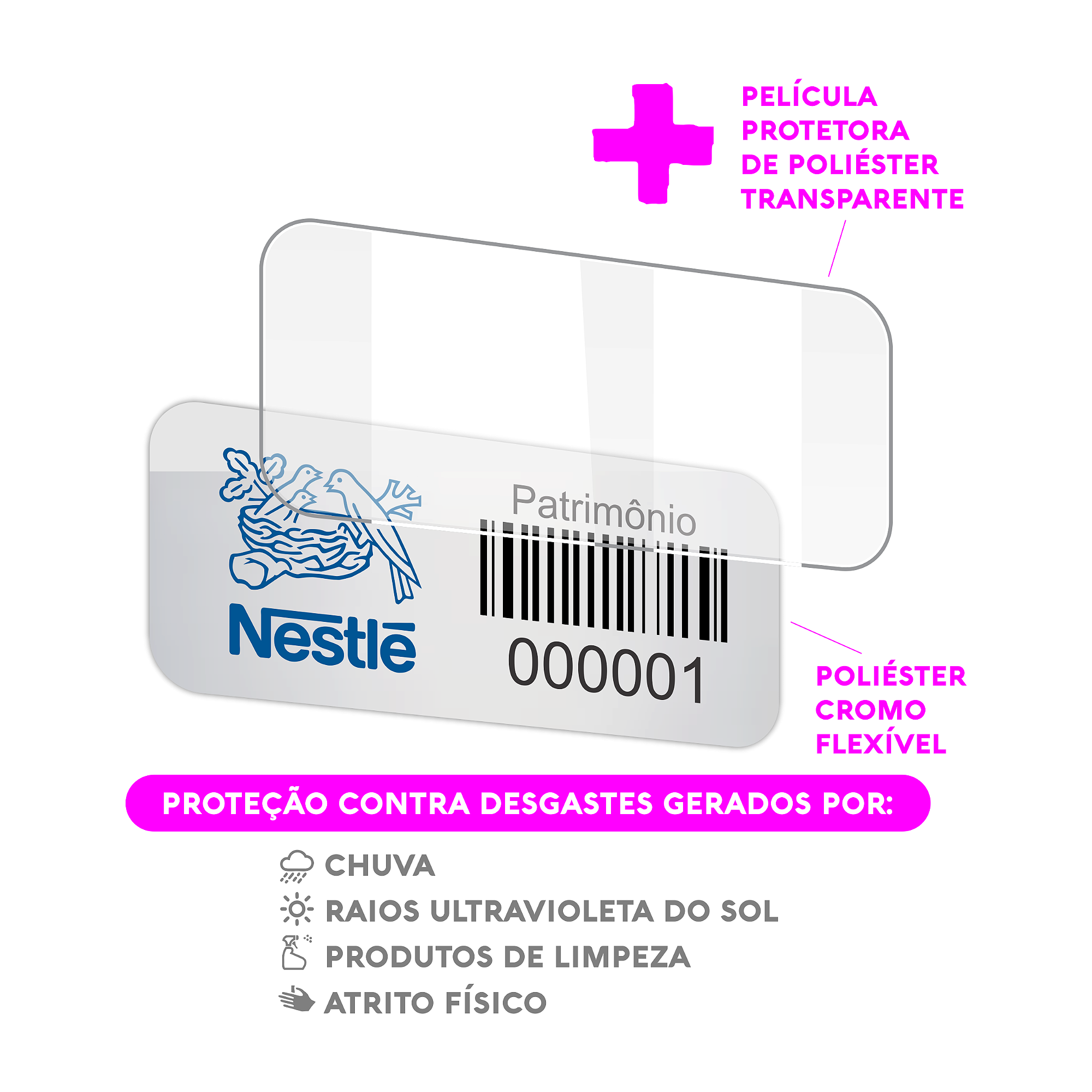 100 Etiquetas Patrimoniais em Poliéster Laminado de Uso Interno/Externo 45x15mm