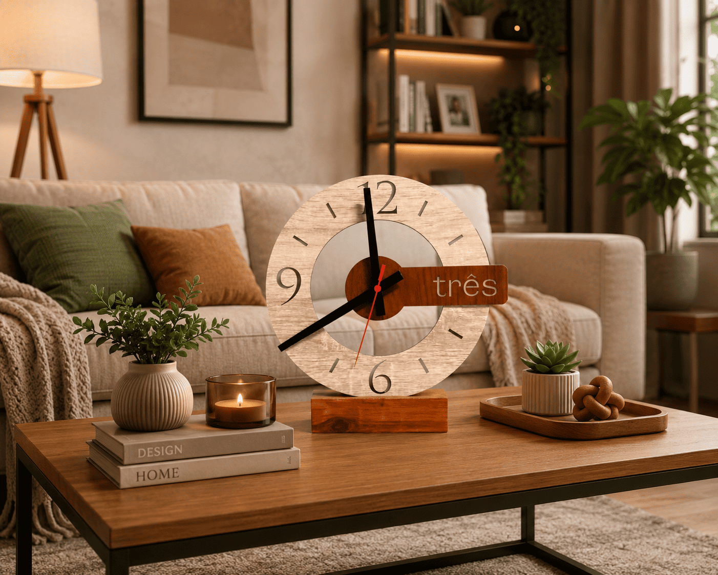 Relógio de Mesa Decorativo em Madeira com Design Vazado (30cm)