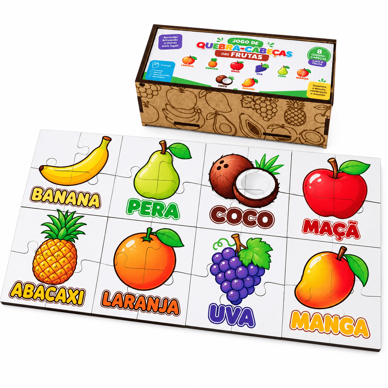 Quebra-Cabeças das Frutas Brinquedo Educativo com 8 Jogos e 32 Peças