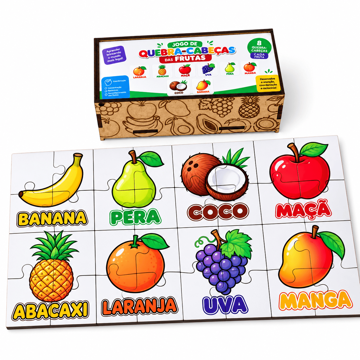 Quebra-Cabeças das Frutas Brinquedo Educativo com 8 Jogos e 32 Peças