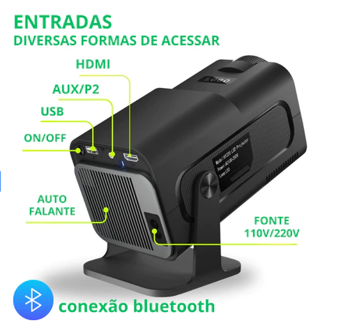 Projetor Inteligente Hy320 Pró 5G Smart 4K Wifi 6 Bluetooth 5.0 Android 11 Lançamento 2026 - Bluetooth 5.0 1080 Full HD Suporte 12000 Lumens Para Celular LED Auto Correção Horizontal 180° Linha Premium