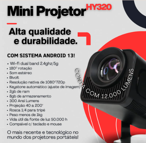 Mini Projetor Hy320 4k Portátil Wi-fi Bluetooth Espelhamento - FHD 1080P Suporte 12,000 LUX, Android 11 6 BT 5.2, Rotativo 180°, Auto Correção Trapezoide, Portatil para Celular/TV Stick/PC (BR Plug)