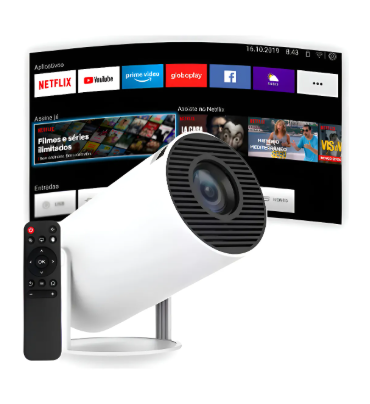 Hy300 Mini Projetor Suporta 4k Portátil Branco 127/220v Portátil 5G Wi-Fi 6 Bluetooth 5.0 Android 11 / 1080P Full HD 8000 Lumens LED Auto Correção Trapezoidal Horizontal Rotação 180° Ideal para Projeções Cinemáticas