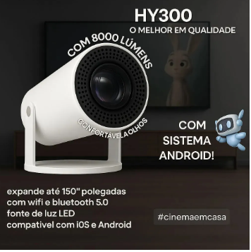 Hy300 Mini Projetor Suporta 4k Portátil Branco 127/220v Portátil 5G Wi-Fi 6 Bluetooth 5.0 Android 11 / 1080P Full HD 8000 Lumens LED Auto Correção Trapezoidal Horizontal Rotação 180° Ideal para Projeções Cinemáticas