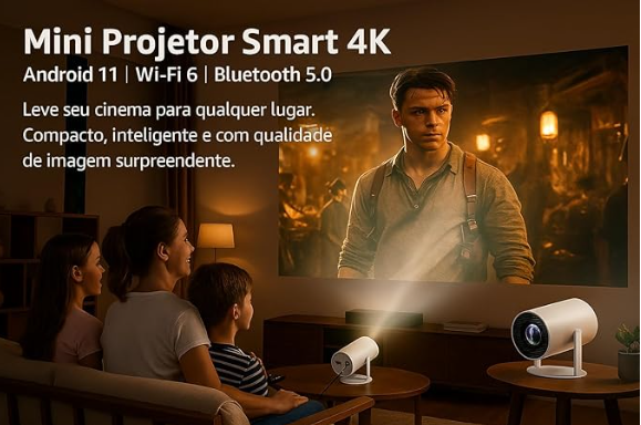 Hy300 Mini Projetor Suporta 4k Portátil Branco 127/220v Portátil 5G Wi-Fi 6 Bluetooth 5.0 Android 11 / 1080P Full HD 8000 Lumens LED Auto Correção Trapezoidal Horizontal Rotação 180° Ideal para Projeções Cinemáticas