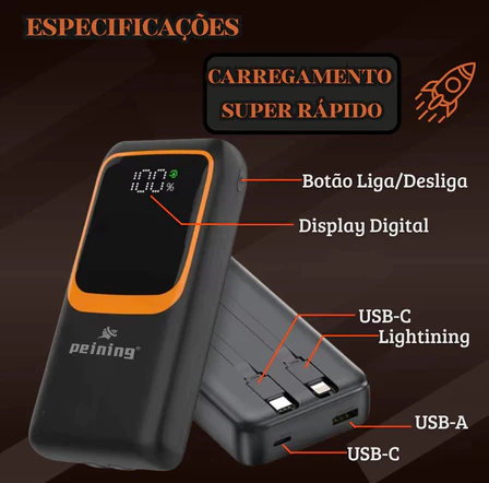 Carregador Portátil Power Bank 10.000mAh Peining Wup-930 USB e USB-C Carregamento Rápido