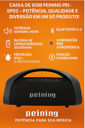 Caixa de Som Bluetooth Peining PEI-SP02 400W Boombox IPX6 Original