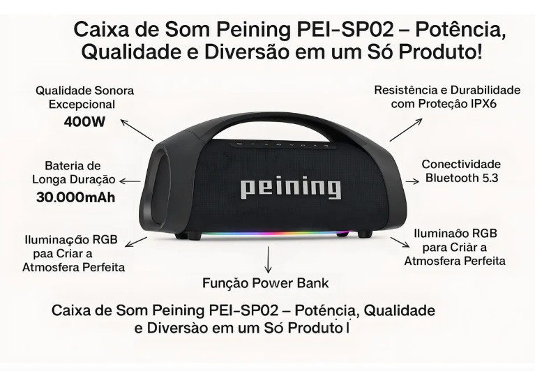 Caixa de Som Bluetooth Peining PEI-SP02 400W Boombox IPX6 Original