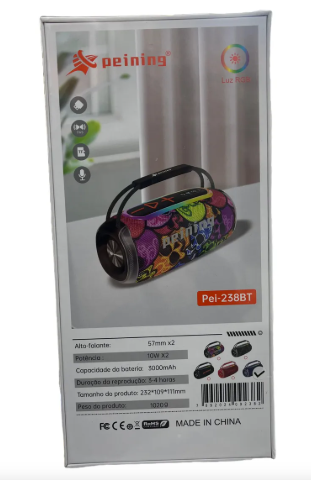 Original Caixa de Som Bluetooth Sem Fio Led Rgb, Ipx6, Pei-238bt, Graves Poderosos Preto 20w/Resistente à Água