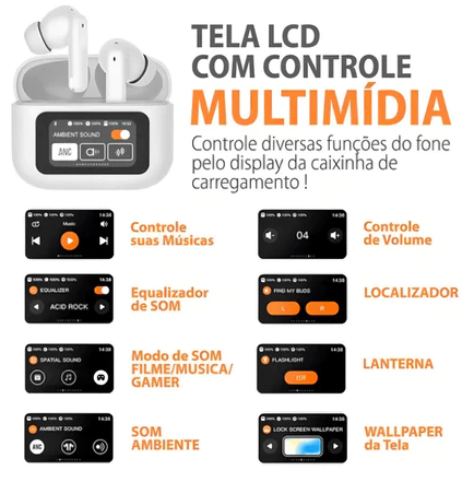 Fone De Ouvido Bluetooth Pro Sem Fio Tws Visor Tela Touch Cancelamento De Ruído Ios Compativel Com Android Apple Xiomi Samsung Academia Corrida Trabalho Escola Branco