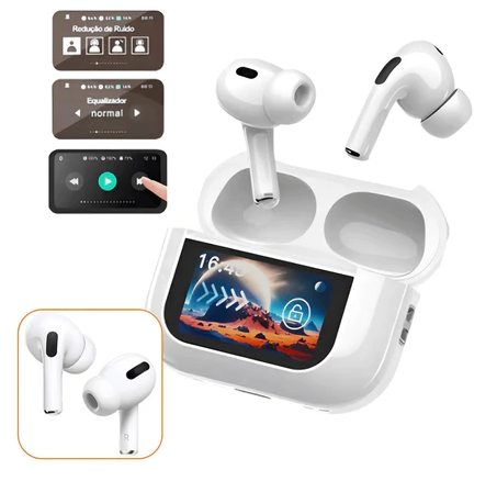 Fone De Ouvido Bluetooth Pro Sem Fio Tws Visor Tela Touch Cancelamento De Ruído Ios Compativel Com Android Apple Xiomi Samsung Academia Corrida Trabalho Escola Branco