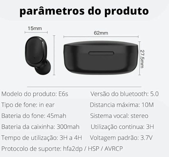 Fone De Ouvido Airdots 2 Bluetooth Redmir Tws Wereless Bluetooth com Microfone Redmir Airdots 2 Bateria Longa Duração Sem Fio e6s