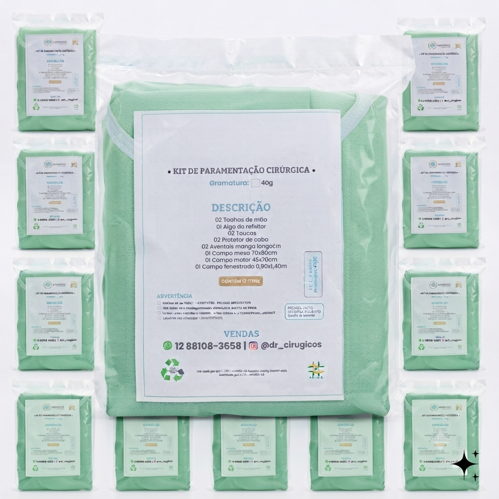 10 Kits Cirúrgico Estéril Gramatura 40 -Cor Verde - Punho em Malha-Registro Anvisa