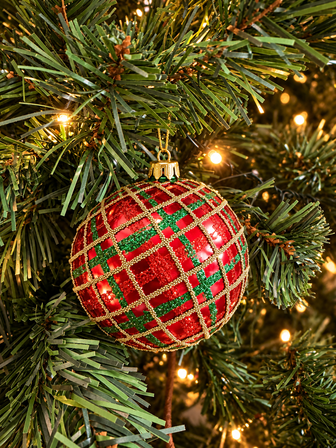 Jogo 6 Bolas Decoradas De Natal Vermelho Xadrez Verde 8cm