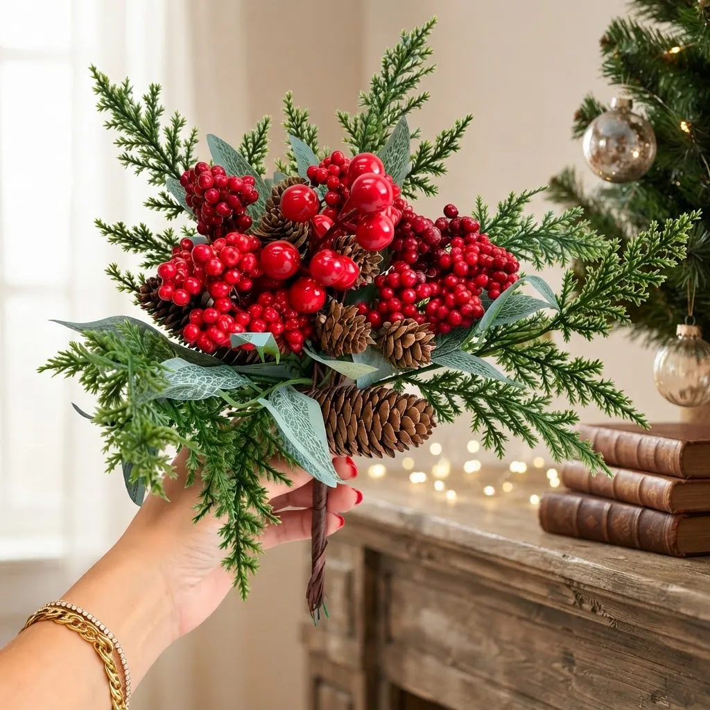 Galho Decorativo Natal Folhagens Berry Pinhas