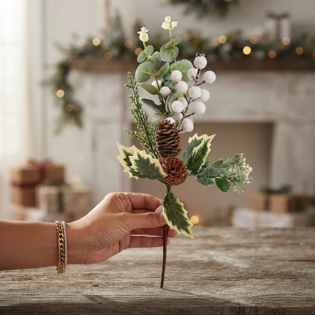 Galho Natalino Berry Branco Folhagens Pinha Decoração Natal