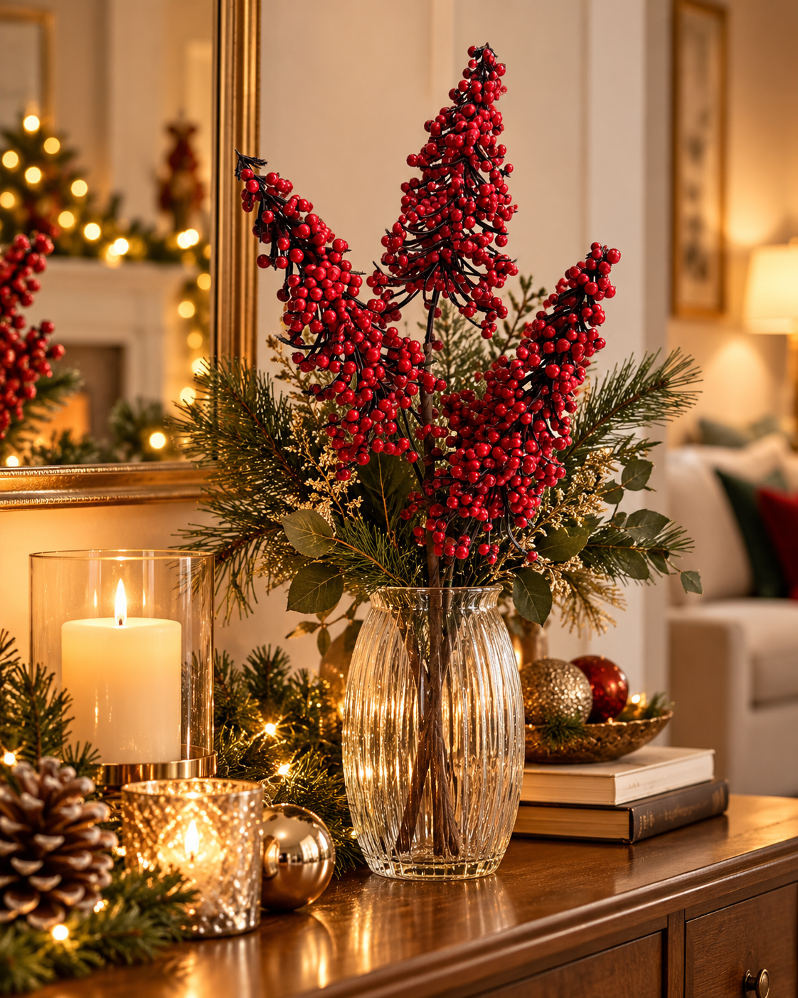 Galho Berry Azevinho Enfeite Natal Decoração Vermelho 55cm
