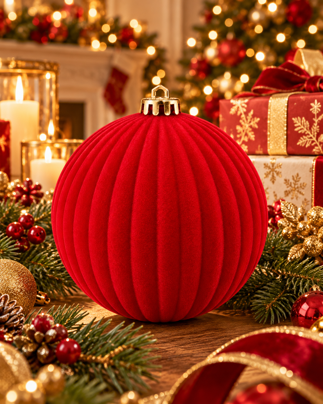 Bola De Natal 15cm Decorada Veludo Vermelho Unidade