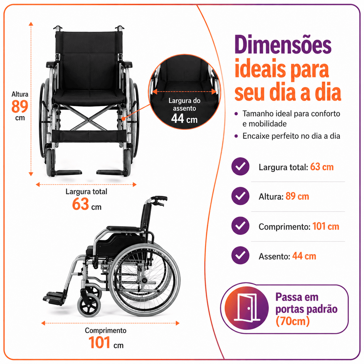Cadeira de Rodas Modelo D100 Dobrável Resistente Até 120kg - Dellamed