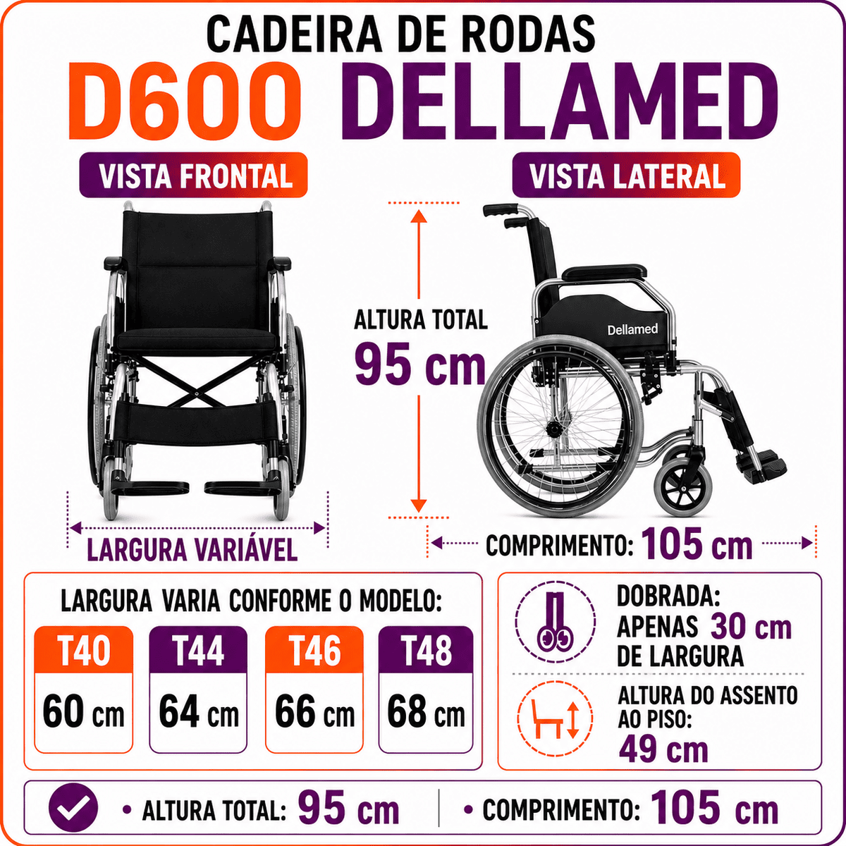 Cadeira De Rodas Modelo D600 Dobrável Até 120 Kg - Dellamed