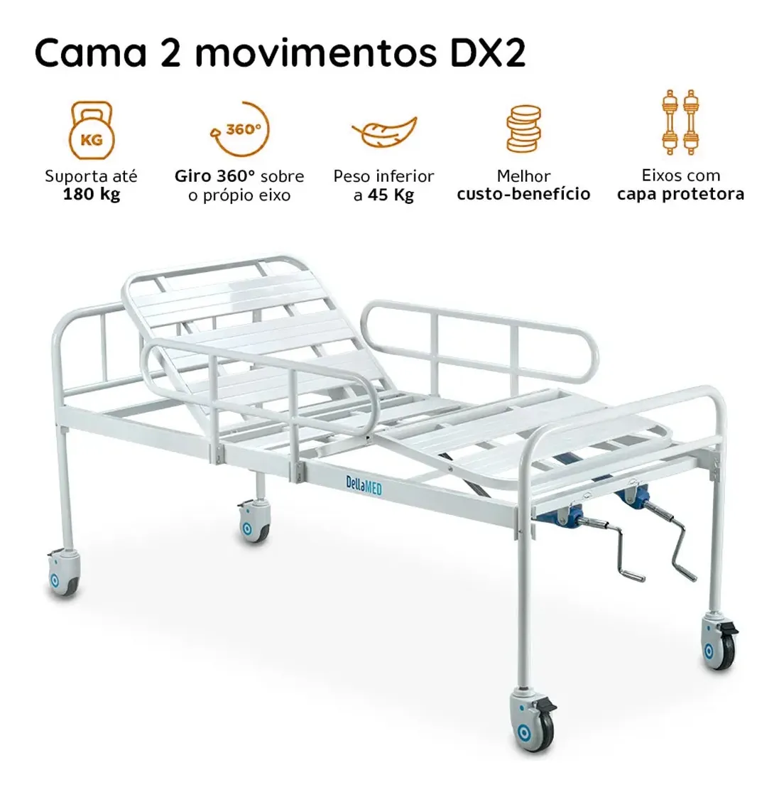 Cama Hospitalar 2 Movimentos Manual Até 180kg DX2 - Dellamed