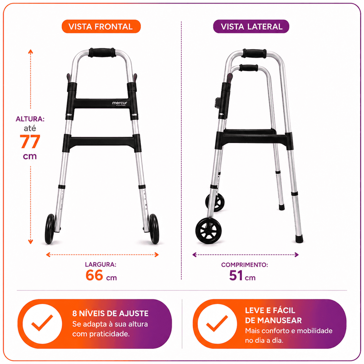 Andador Desmontável Com Rodas Até 130 Kg BC1547 - Mercur