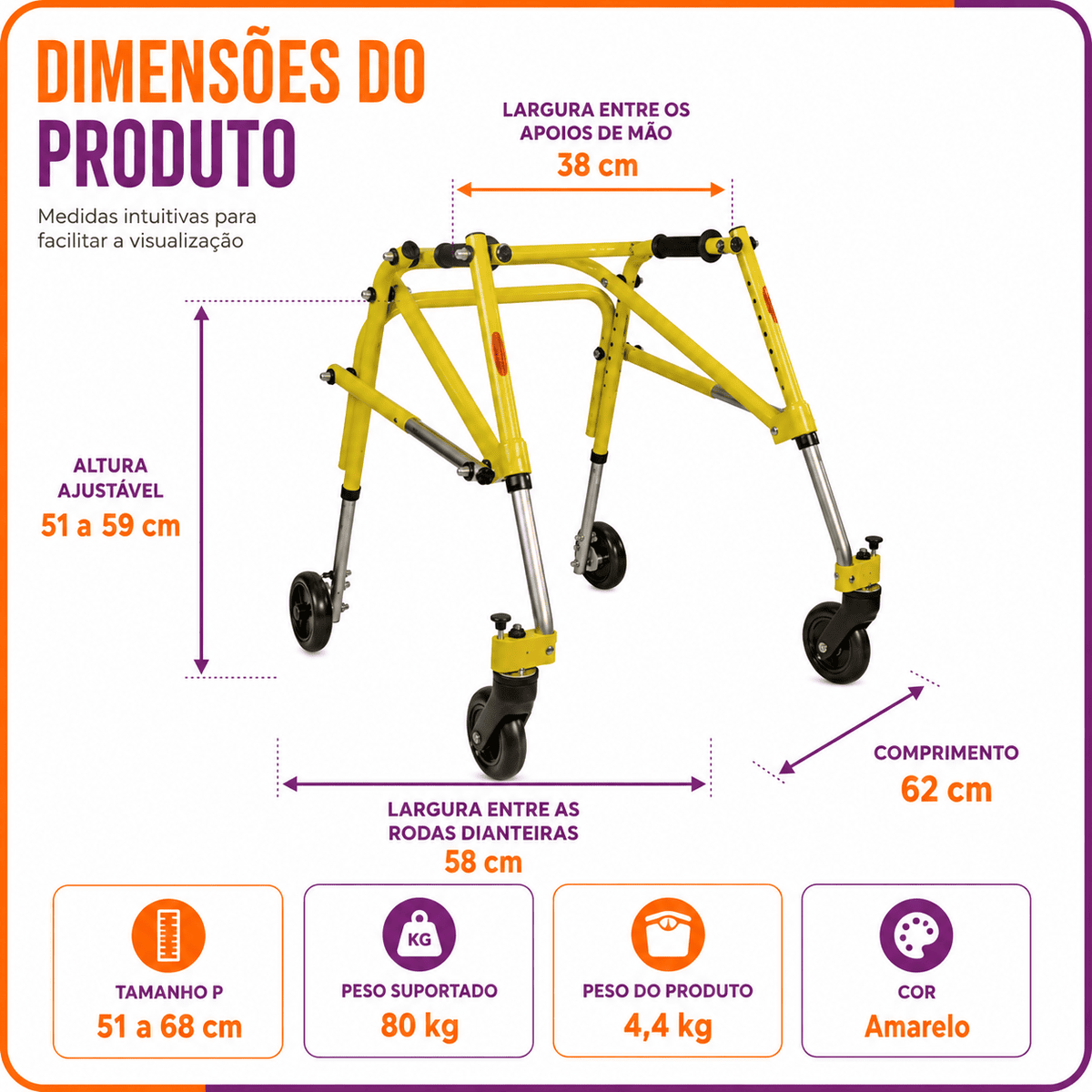 Andador Posterior Para Locomoção e Reabilitação Com 4 Rodas Amarelo Tamanho P - Mercur