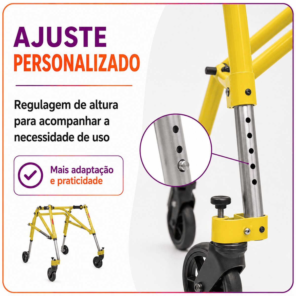 Andador Posterior Para Locomoção e Reabilitação Com 4 Rodas Amarelo Tamanho P - Mercur