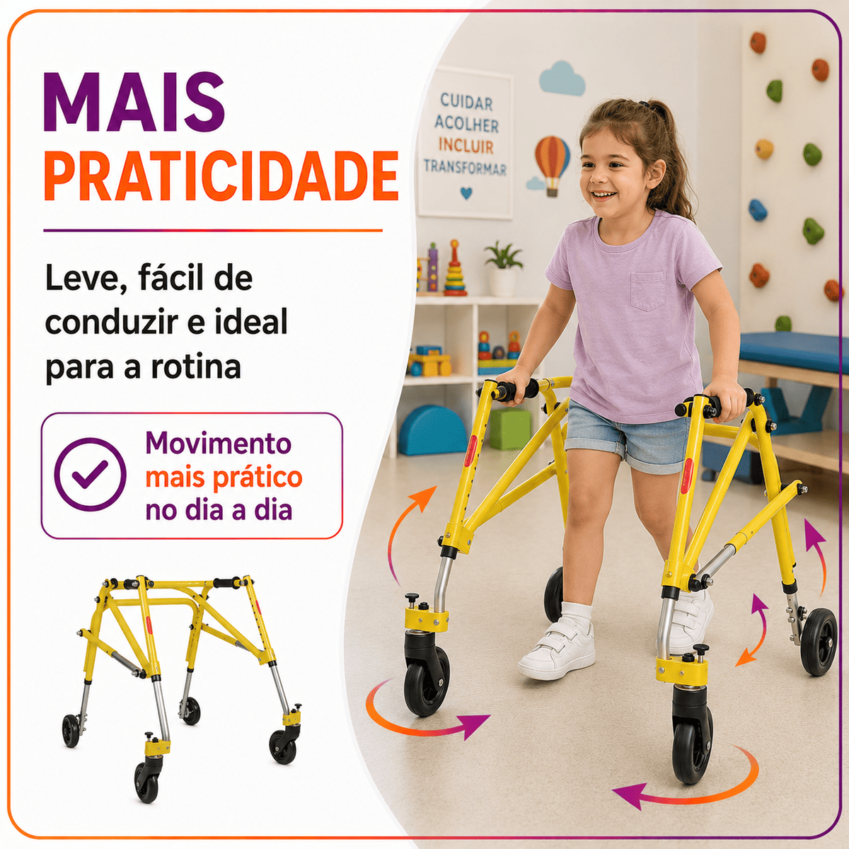 Andador Posterior Para Locomoção e Reabilitação Com 4 Rodas Amarelo Tamanho P - Mercur