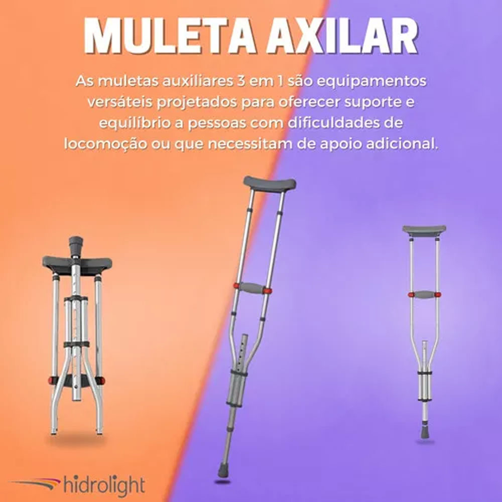Par De Muleta Axilar 3 Em 1 Altura Ajustável - Hidrolight