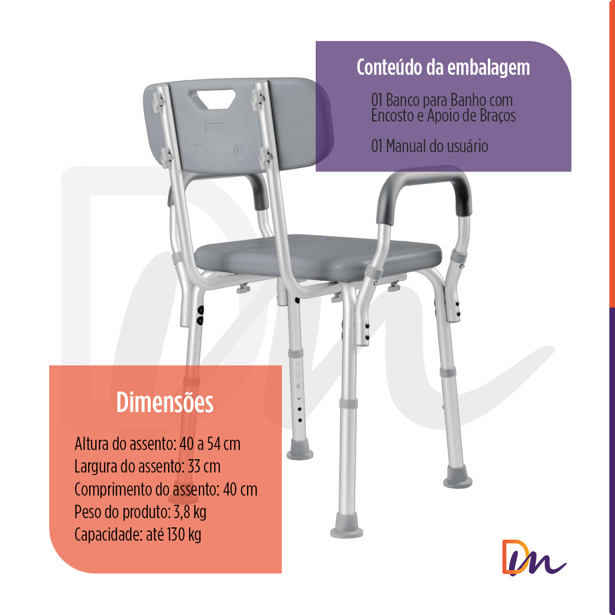 Banco Para Banho Em Alumínio Com Encosto e Apoio de Braço Até 130 Kg - Hidrolight