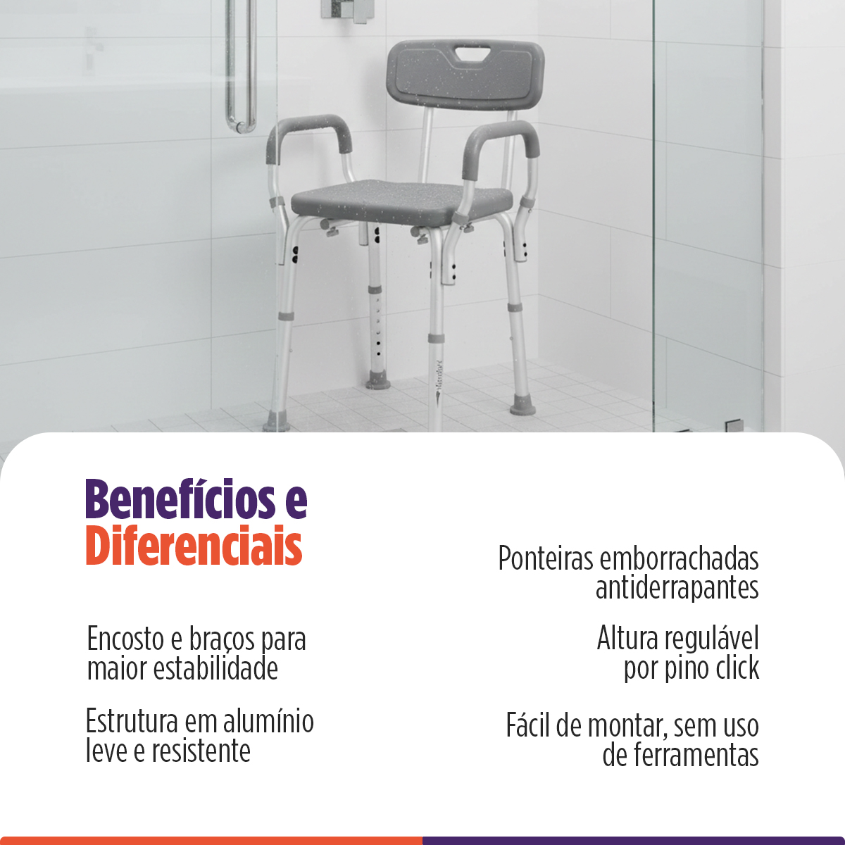 Banco Para Banho Em Alumínio Com Encosto e Apoio de Braço Até 130 Kg - Hidrolight