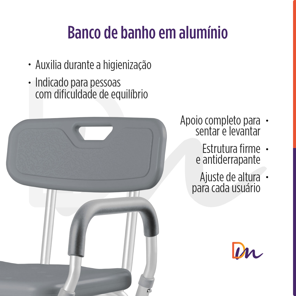 Banco Para Banho Em Alumínio Com Encosto e Apoio de Braço Até 130 Kg - Hidrolight