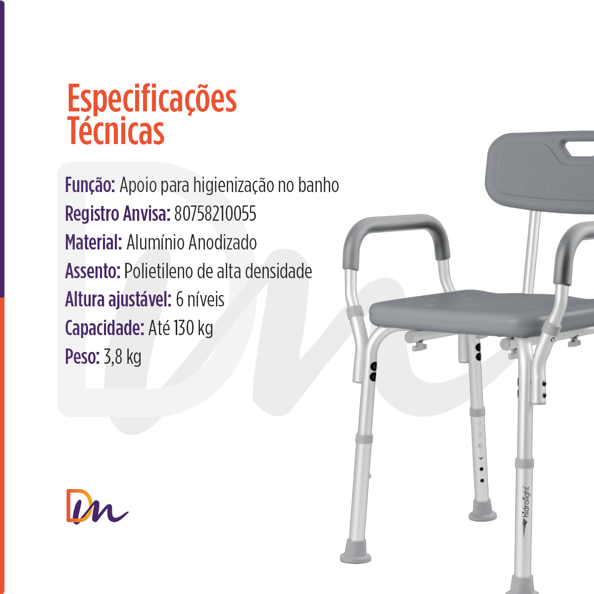 Banco Para Banho Em Alumínio Com Encosto e Apoio de Braço Até 130 Kg - Hidrolight