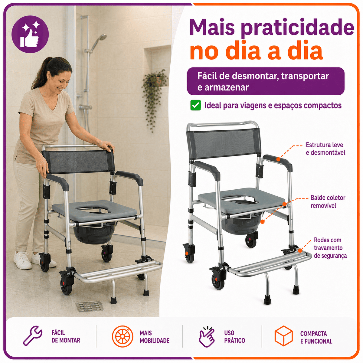 Cadeira de Banho Em Alumínio Até 135kg Desmontável - Hidrolight
