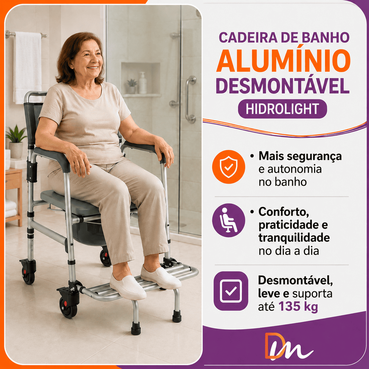 Cadeira de Banho Em Alumínio Até 135kg Desmontável - Hidrolight
