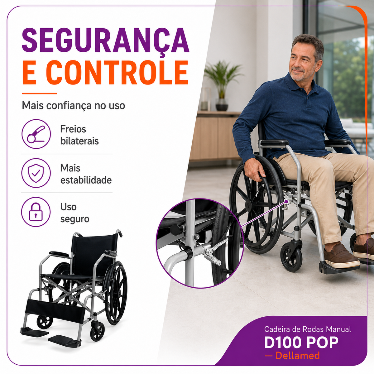 Cadeira De Rodas Manual Até 110kg Com Encosto Rebatível D100 Pop – Dellamed