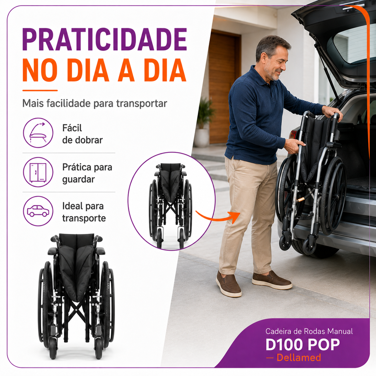 Cadeira De Rodas Manual Até 110kg Com Encosto Rebatível D100 Pop – Dellamed
