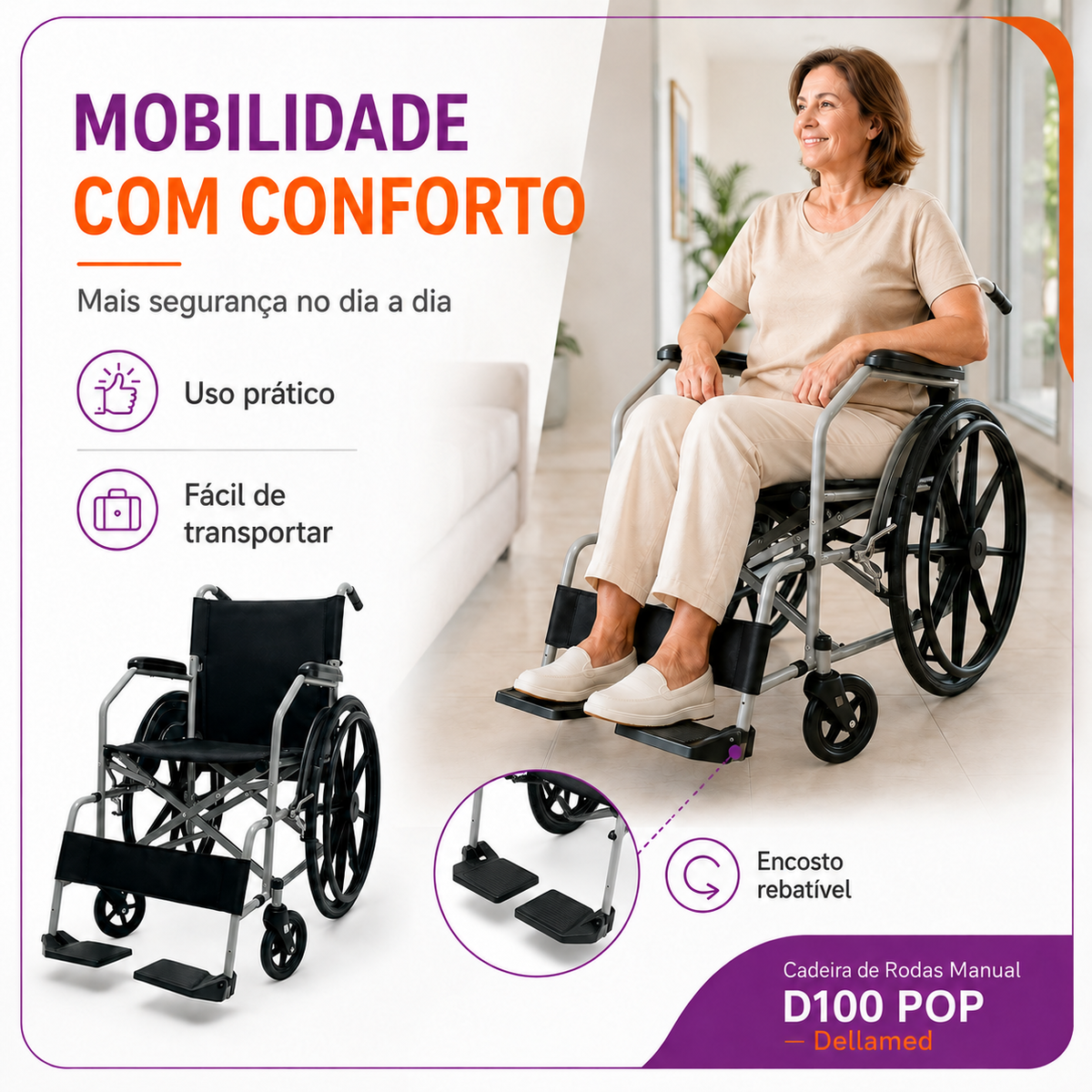 Cadeira De Rodas Manual Até 110kg Com Encosto Rebatível D100 Pop – Dellamed